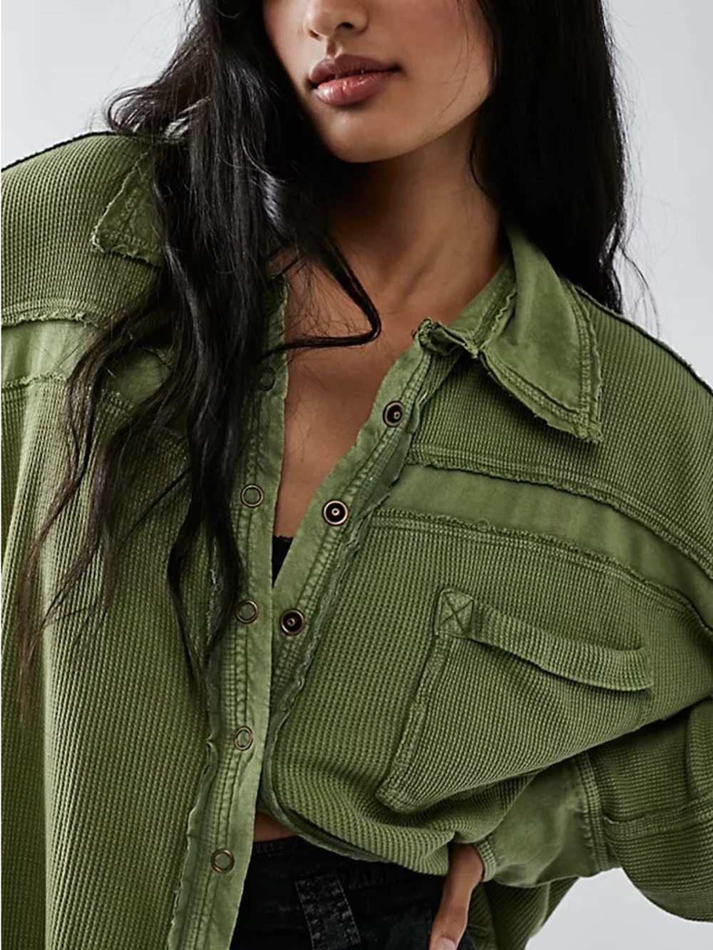 Free People Olive Green Button-Front Waffle Knit Shirt